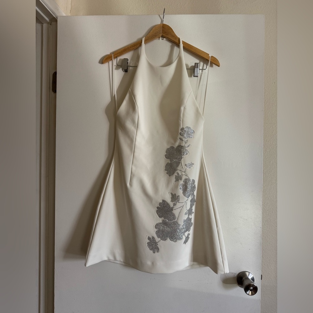 Zara White and Silver Floral Mini Dress